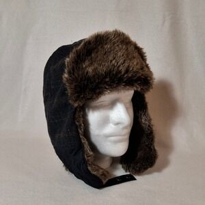 Banana Republic Mens Trapper Hat Faux Fur Plaid Wool Blend Grey Brown L/XL NEW